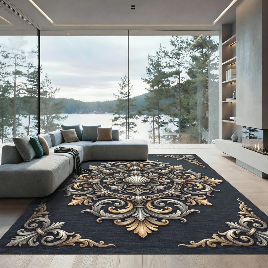 Ornate Shell Medallion Gold Silver Scroll Rug