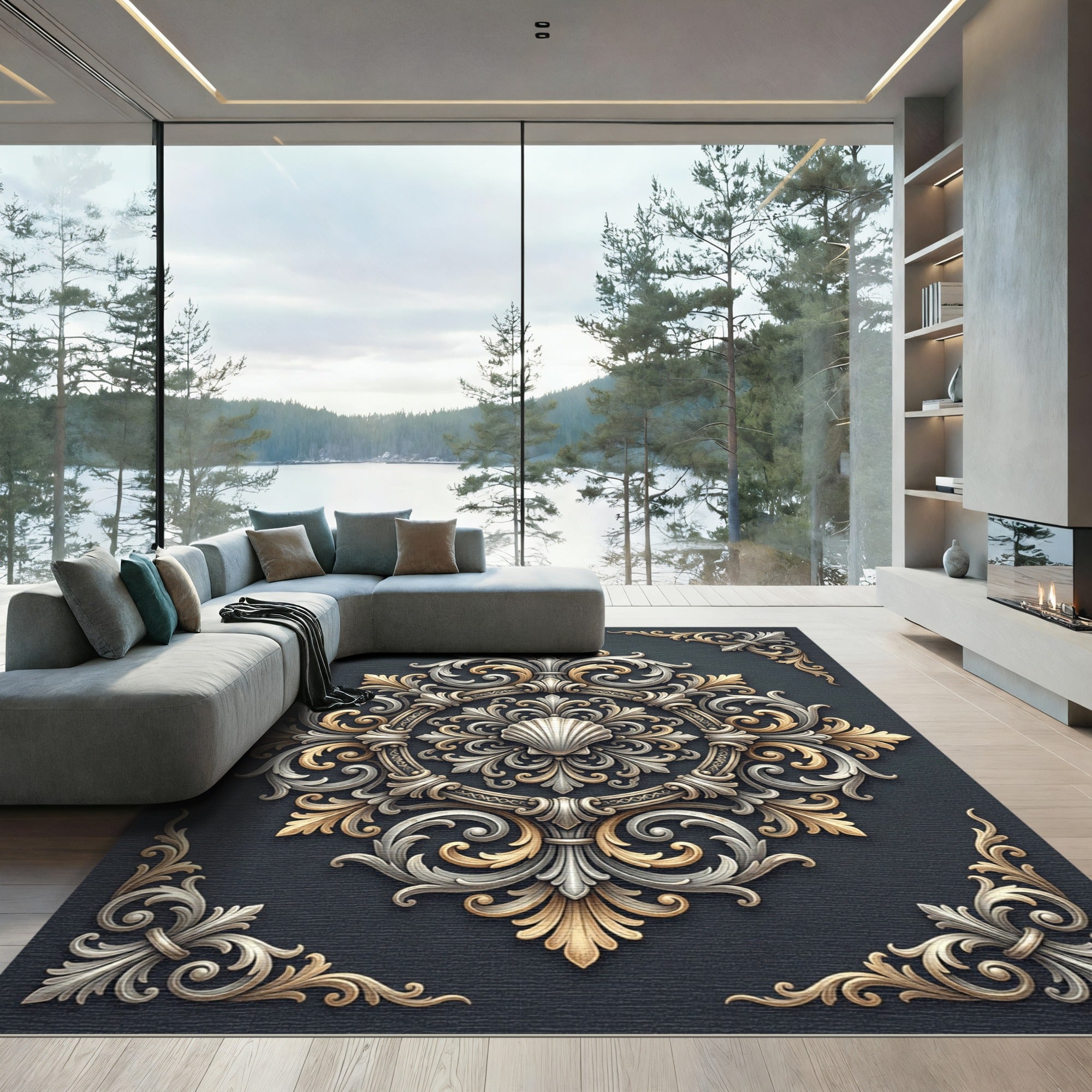 Ornate Shell Medallion Gold Silver Scroll Rug