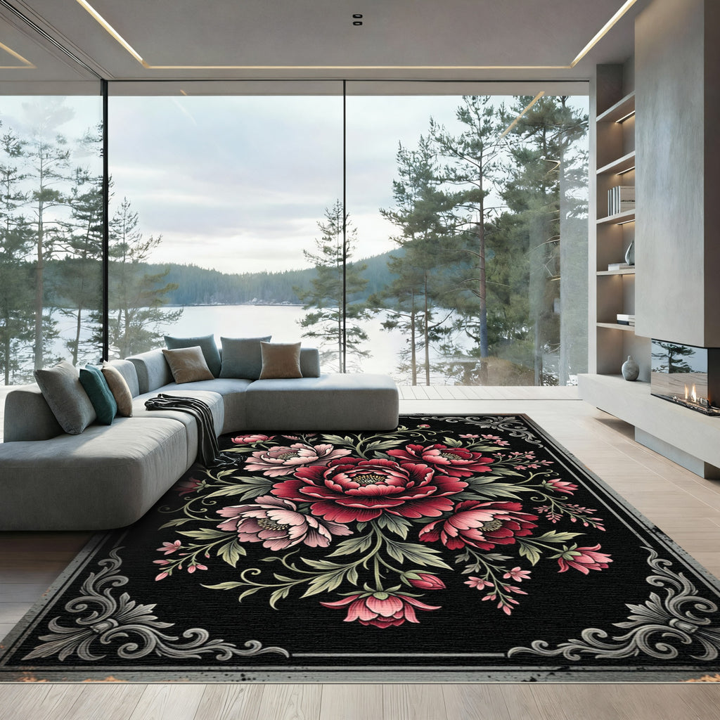 Dark Crimson Peony Floral Medallion Rug