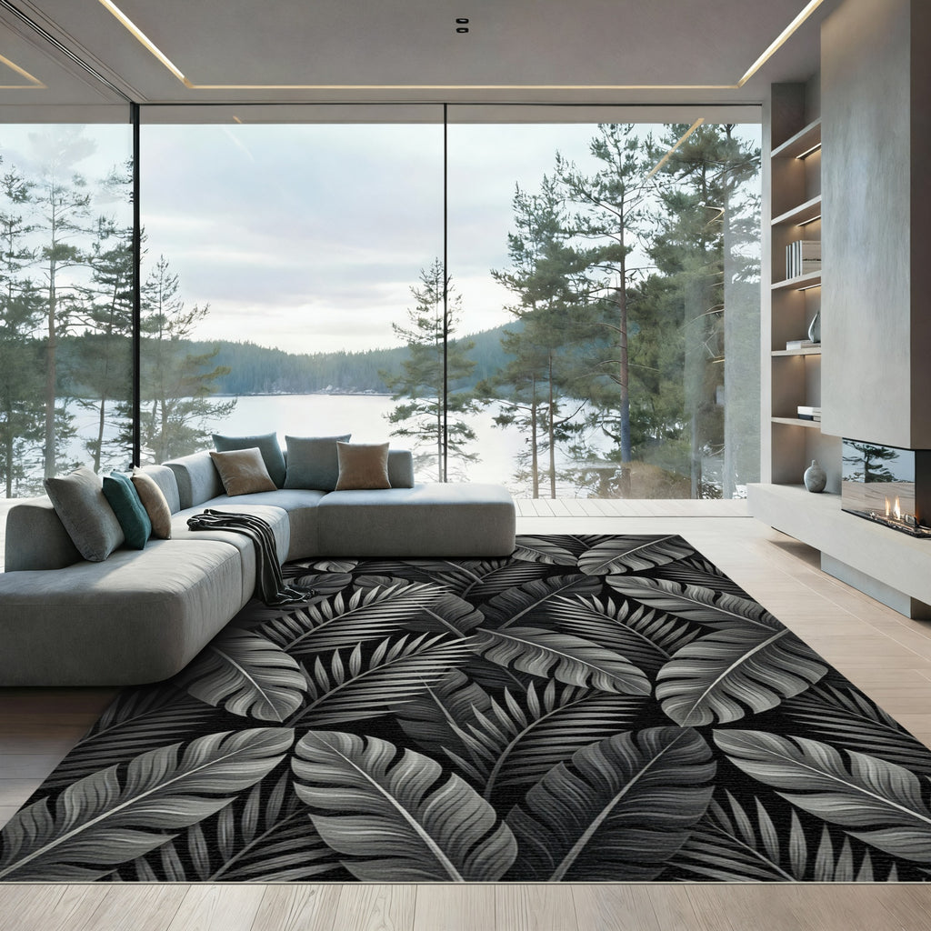 Monochromatic Tropical Leaf Collage Rug