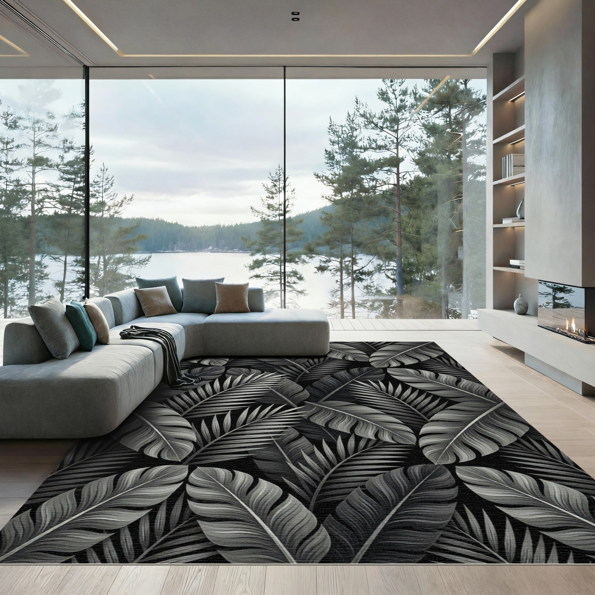 Monochromatic Tropical Leaf Collage Rug