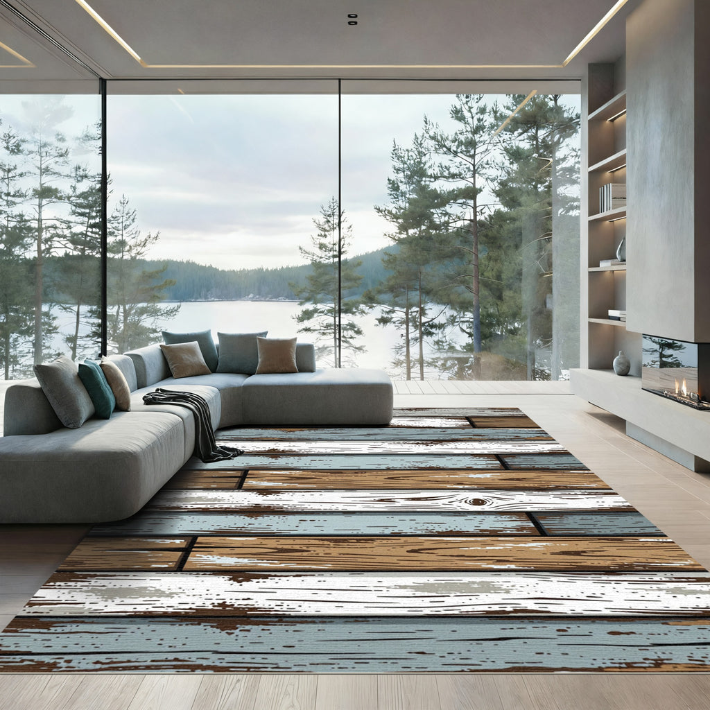 Rustic Weathered Multicolored Wood Planks Rug
