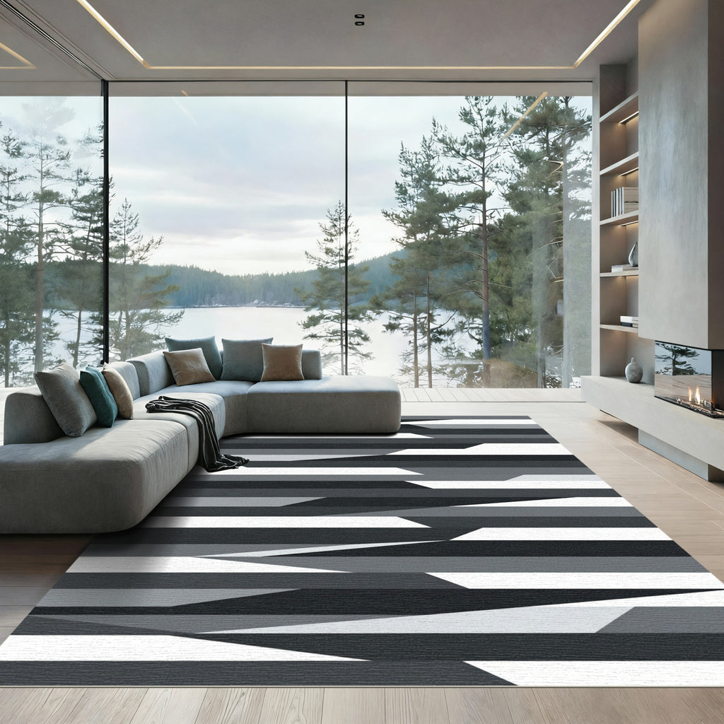 Modern Monochrome Geometric Abstract Stripe Rug