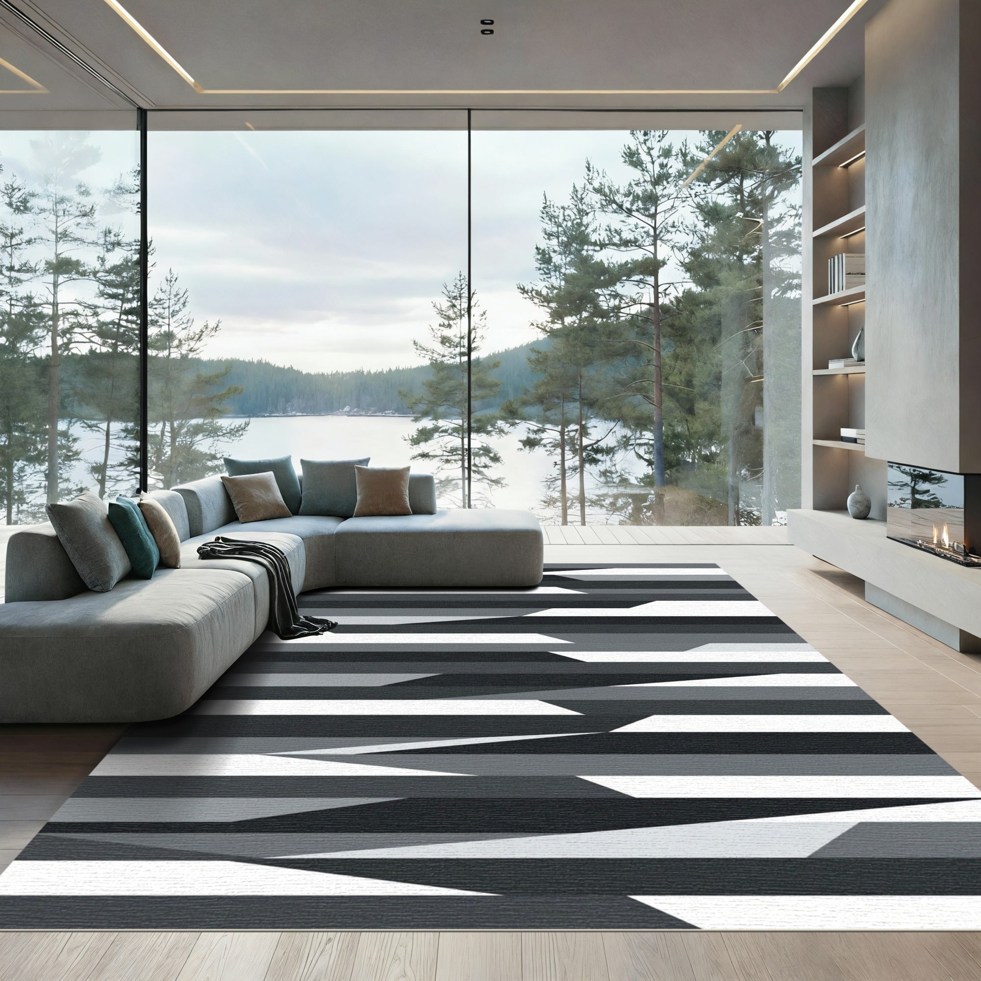 Modern Monochrome Geometric Abstract Stripe Rug