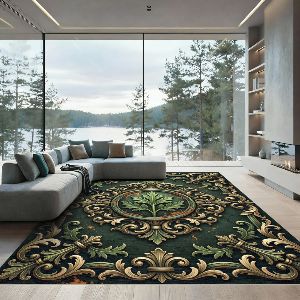 Ornate Emerald Leaf Filigree Medallion Rug