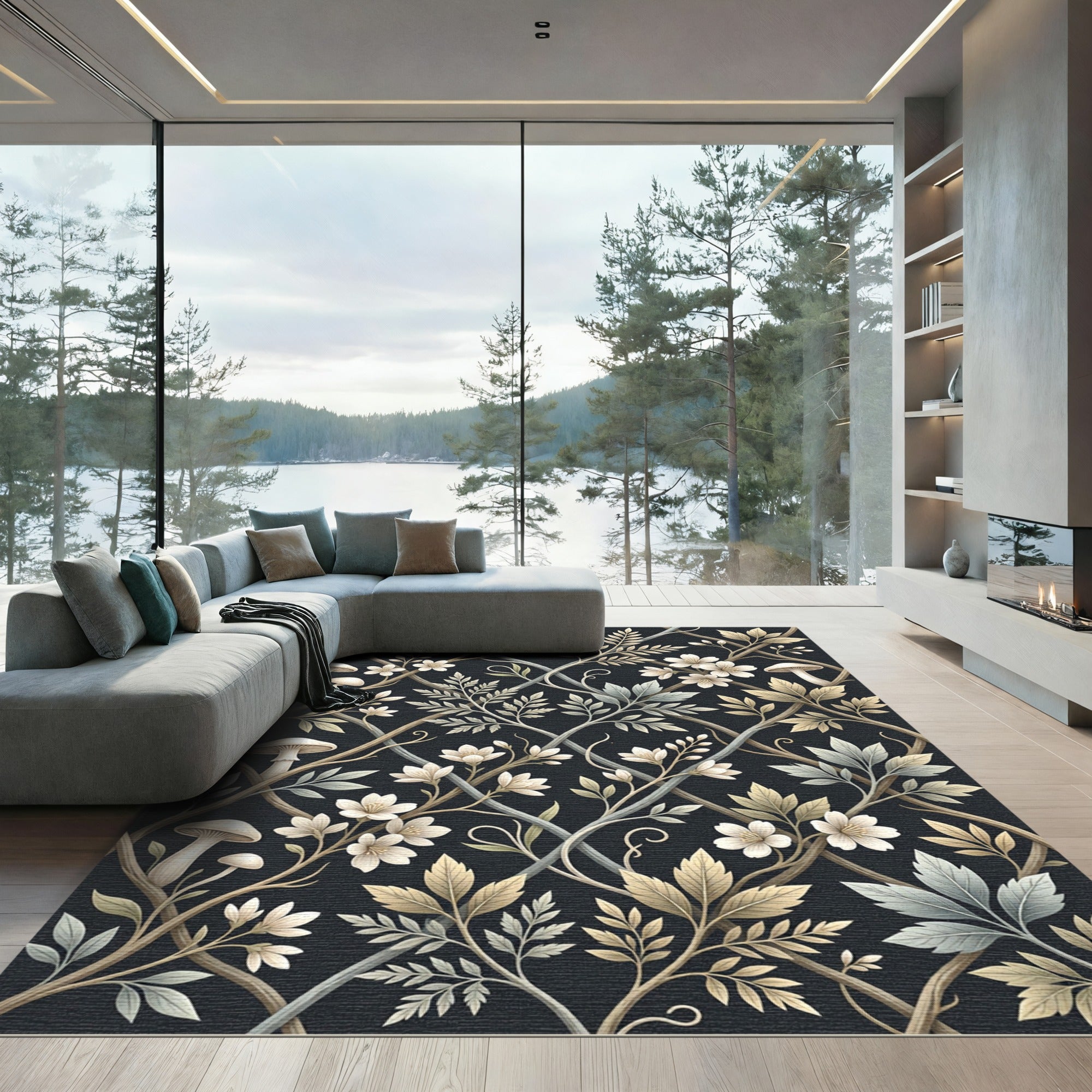 Dark Floral Mushroom Botanical Vines Rug