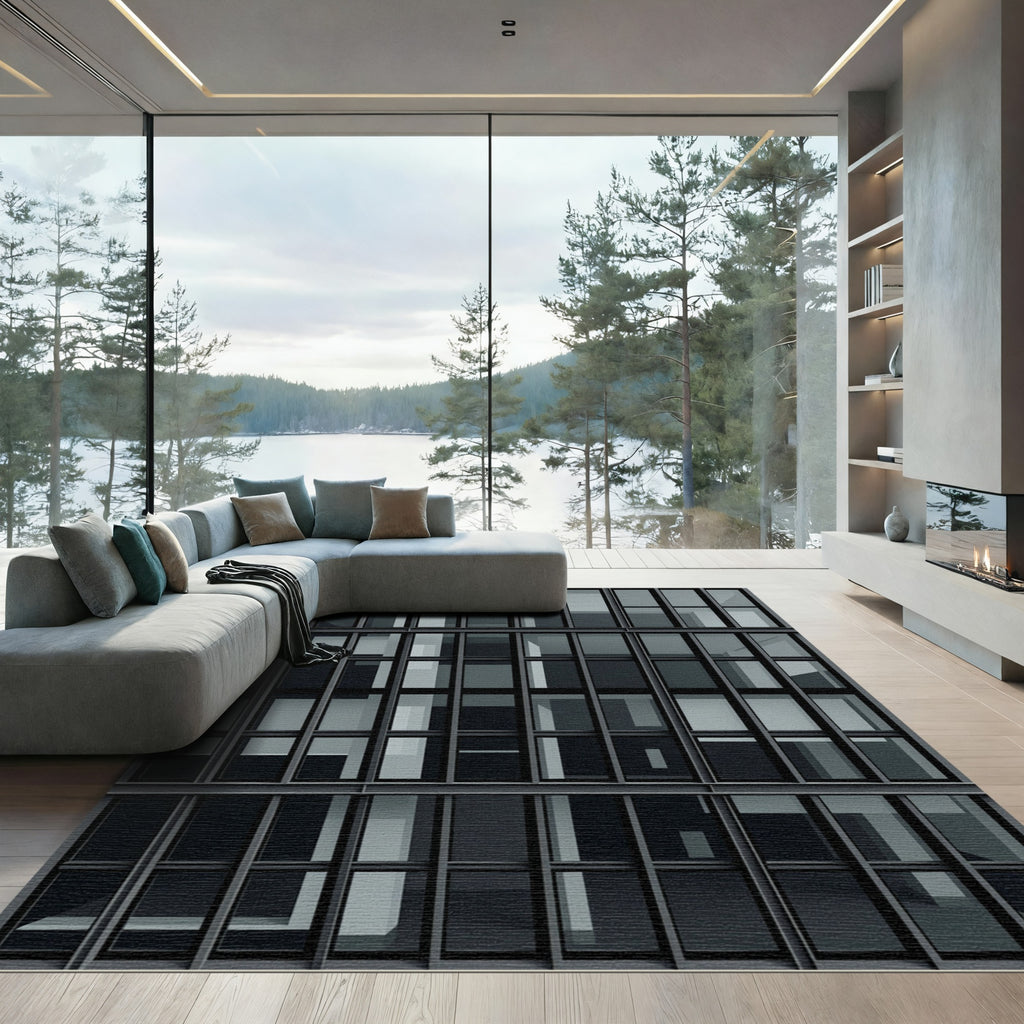 Modern Minimalist Charcoal Architectural Grid Rug
