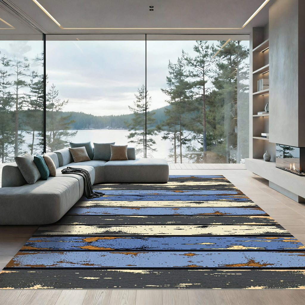 Distressed Wood Plank Blue Gray Beige Rug
