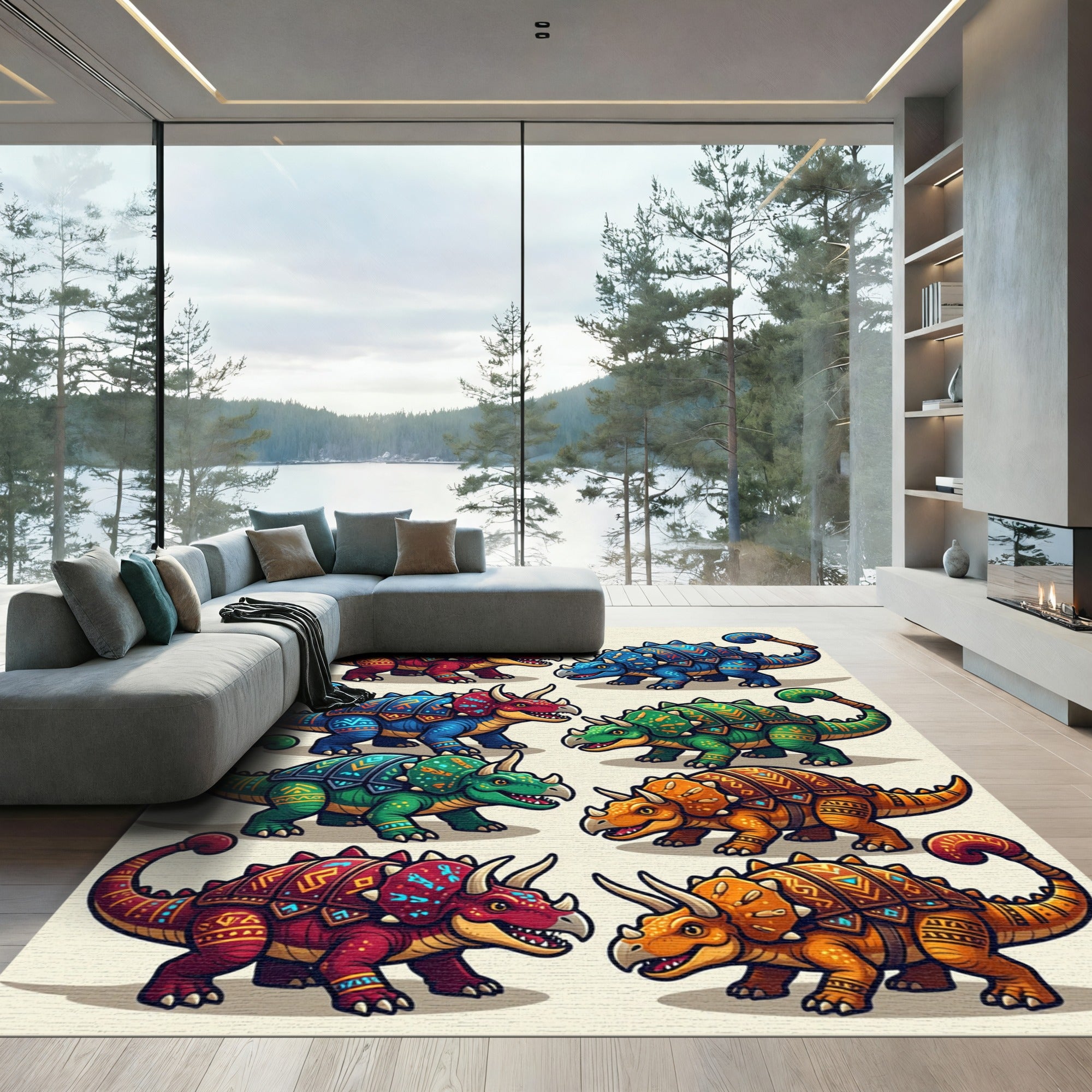 Colorful Tribal Dinosaur Reptile Illustration Rug