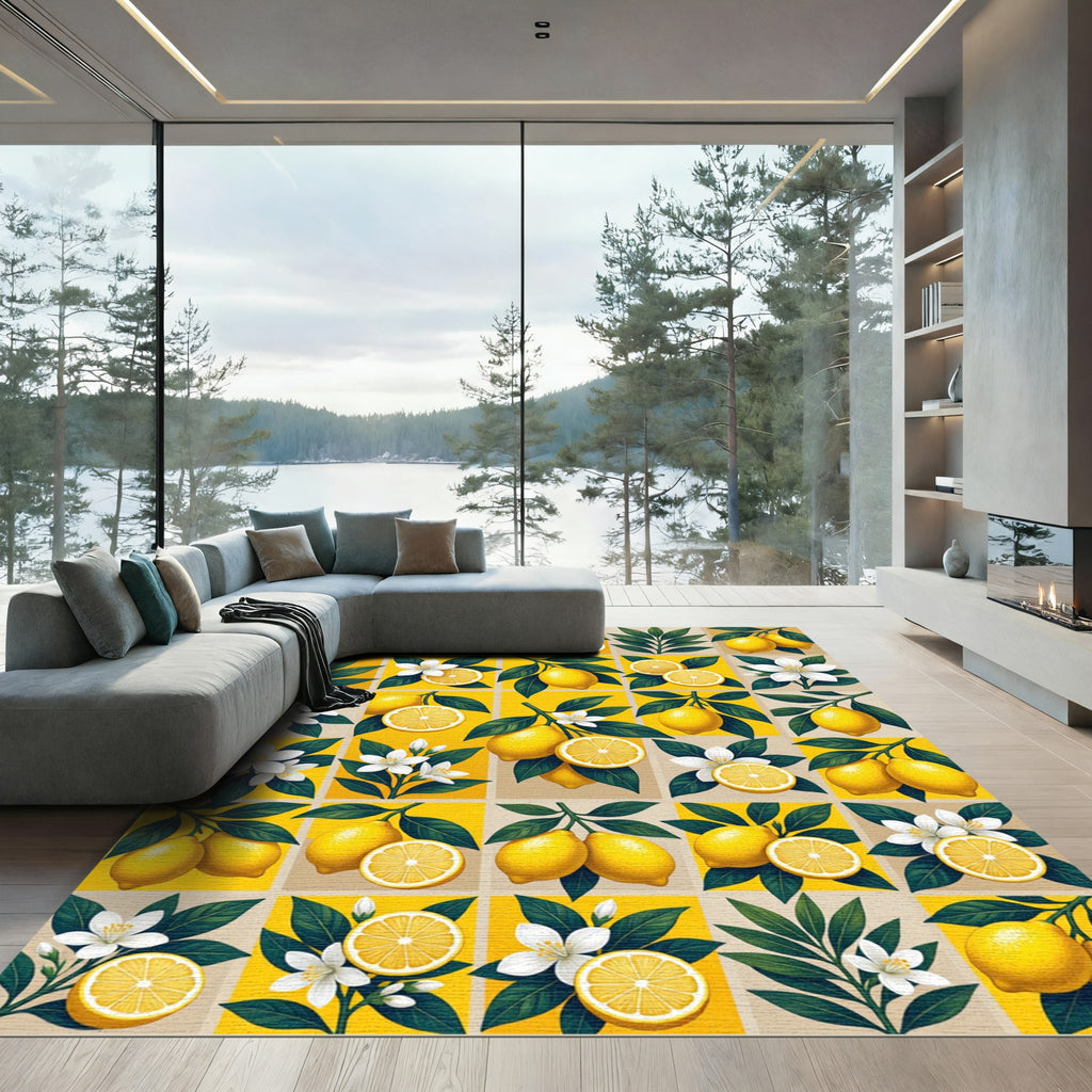 Sunny Citrus Lemon Branch Tile Rug