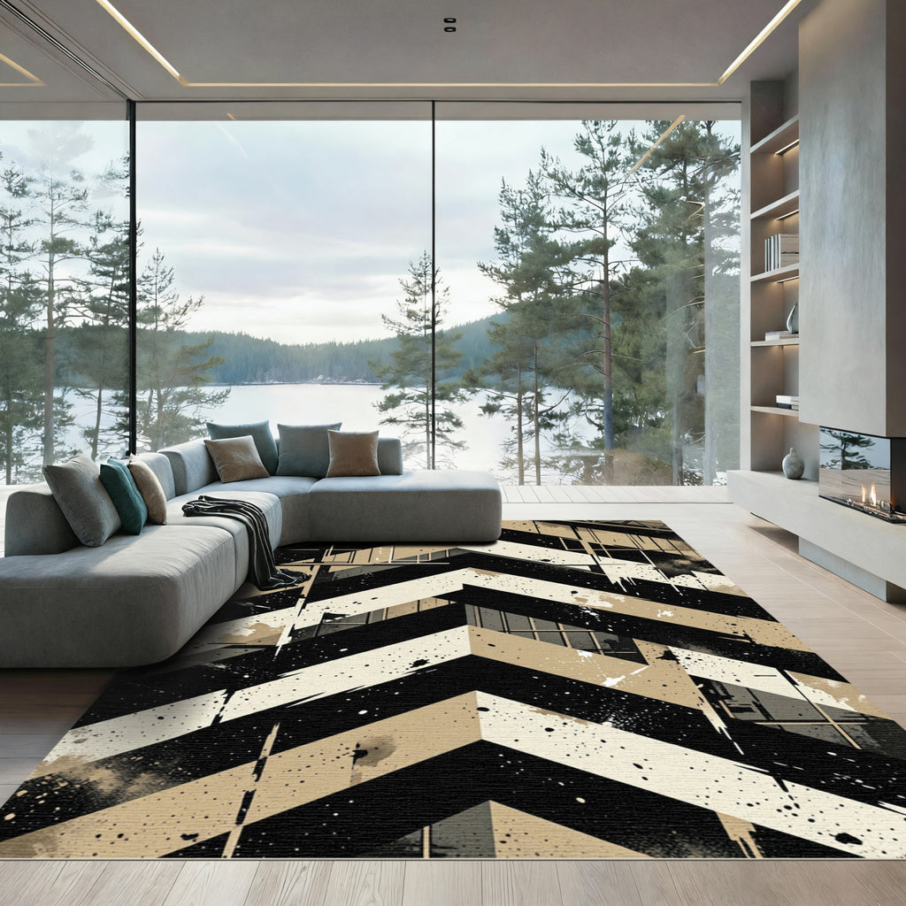 Bold Black and Beige Chevron Geometric Rug