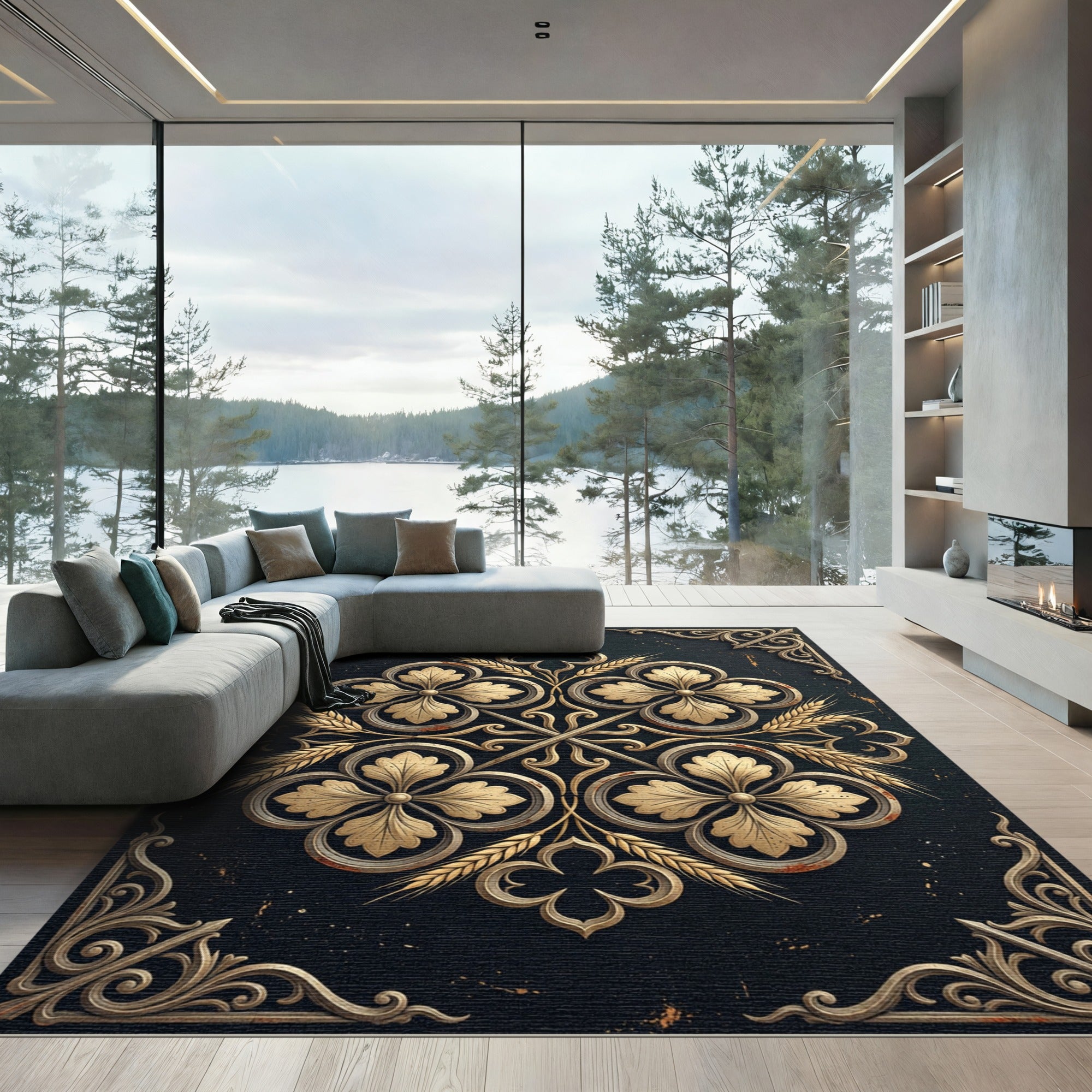 Gilded Gold Wheat Quatrefoil Noir Tapestry Rug