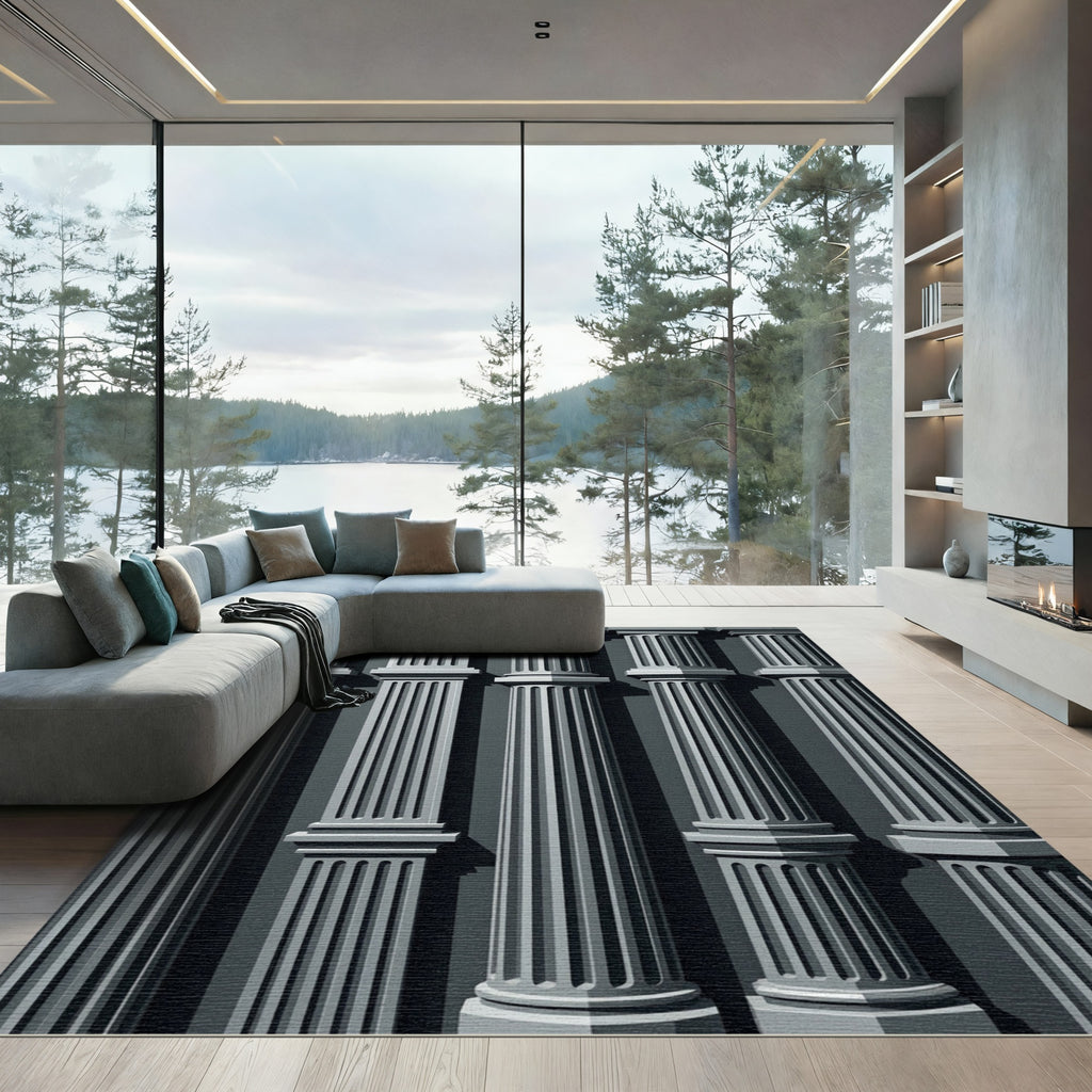 Sophisticated Gray Neo-Classical Column Architectural Rug
