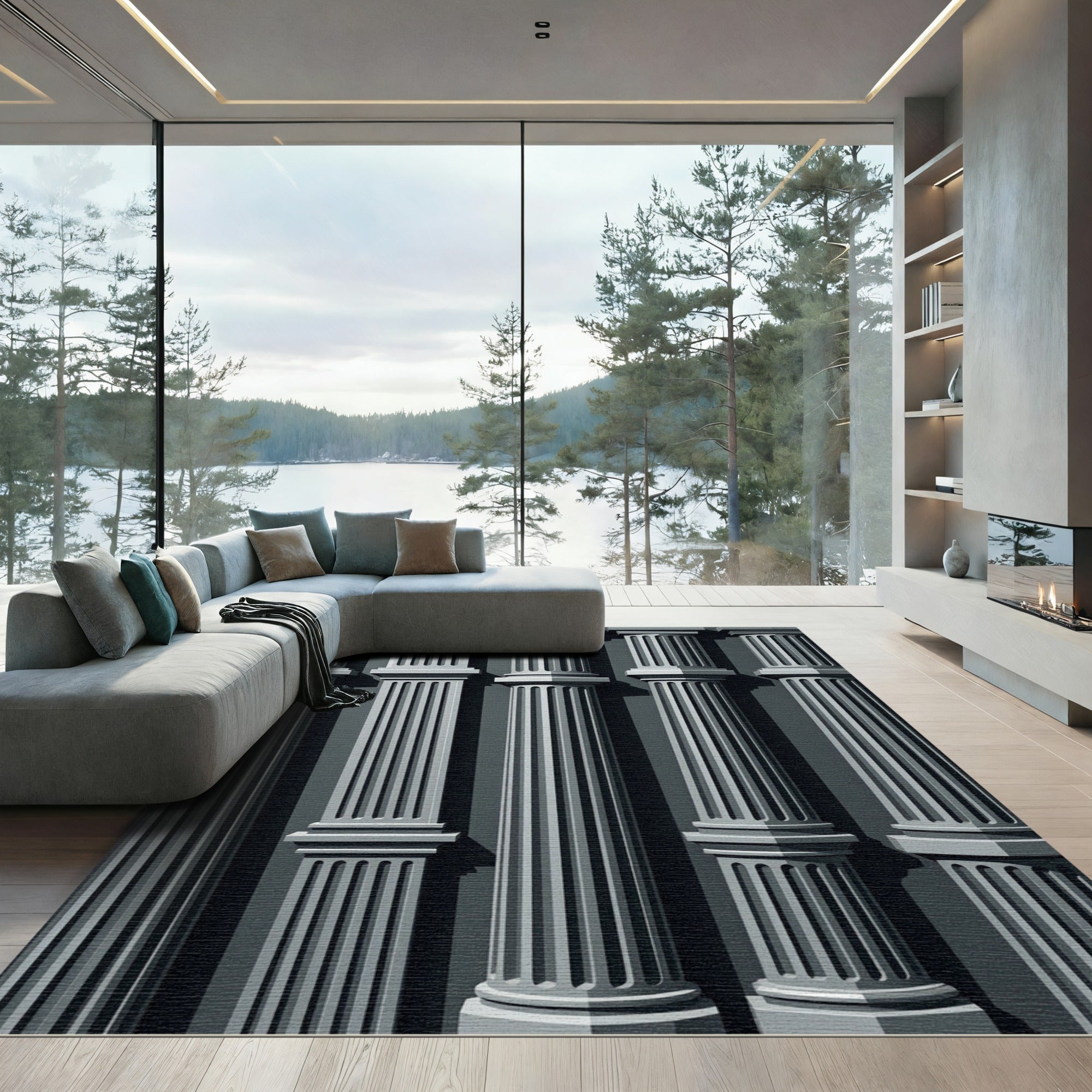 Sophisticated Gray Neo-Classical Column Architectural Rug