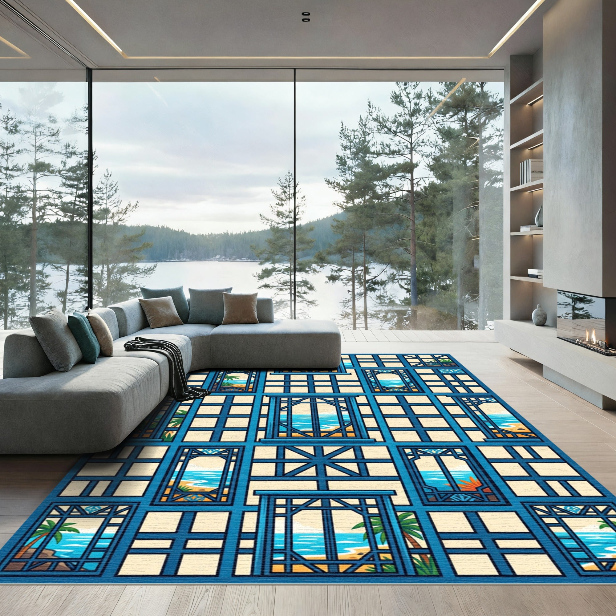 Azure Coastal Window Pane Sea View Rug