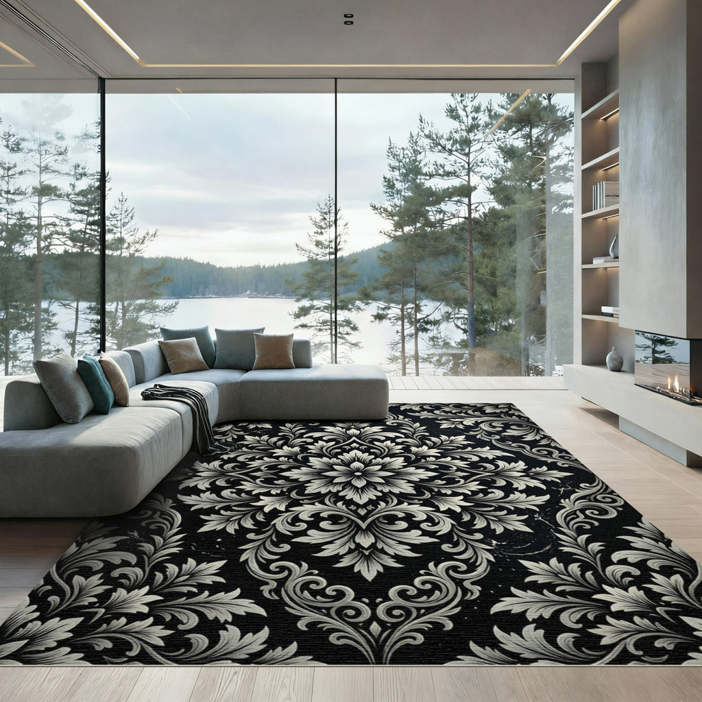 Elegant Black and Ivory Damask Rug