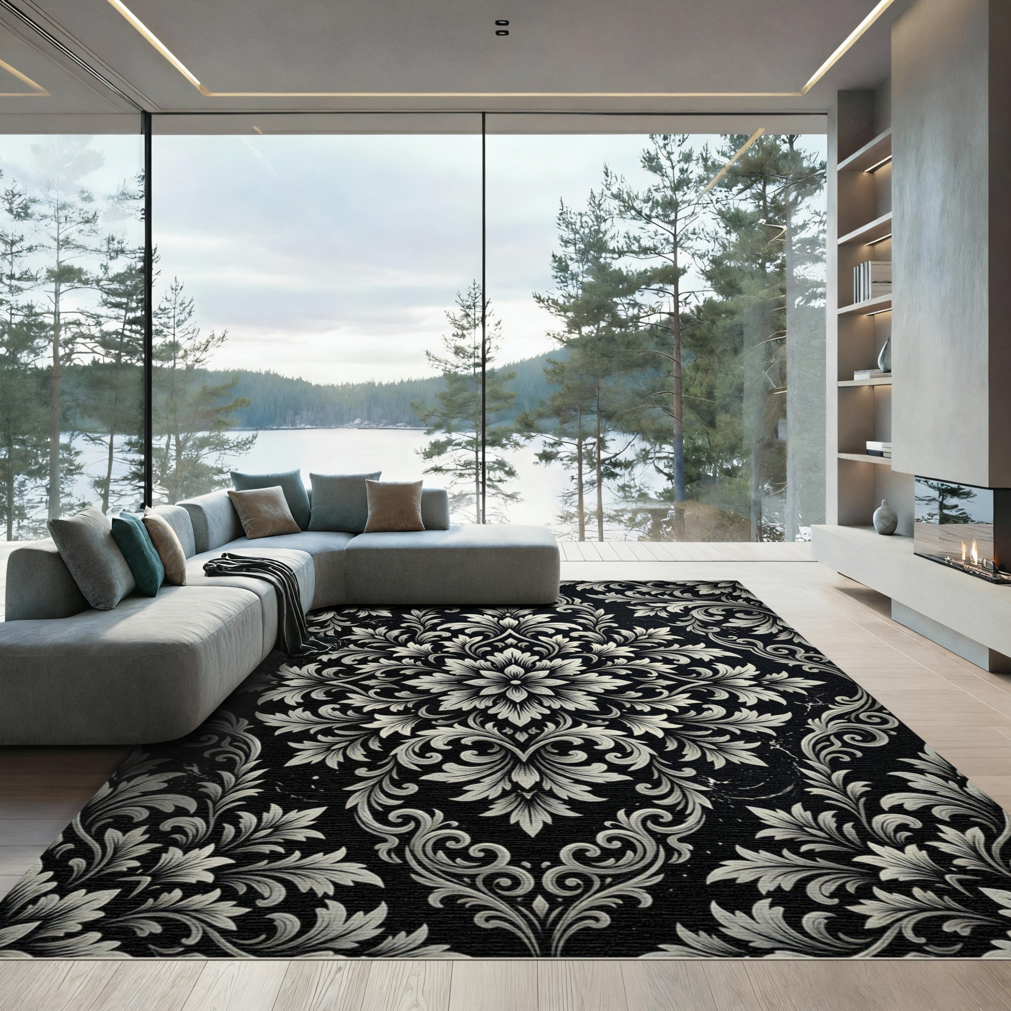 Elegant Black and Ivory Damask Rug