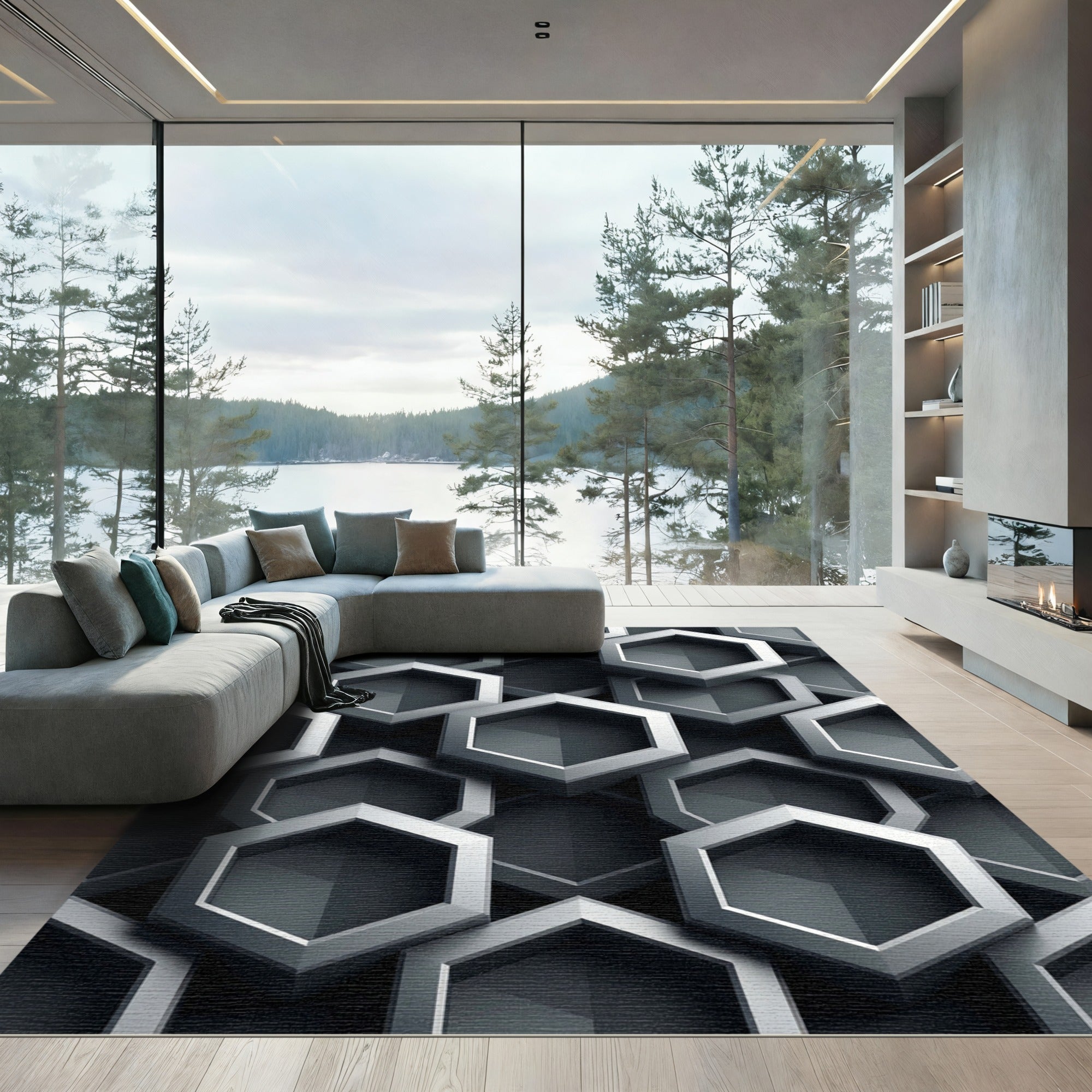 Metallic Silver Three Dimensional Hexagon Geometric Rug
