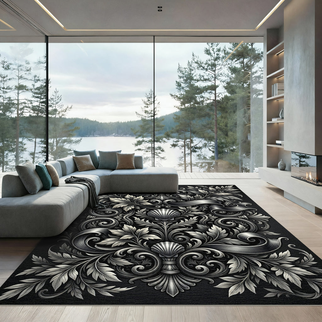 Ornate Silver Floral Shell Scrolling Rug