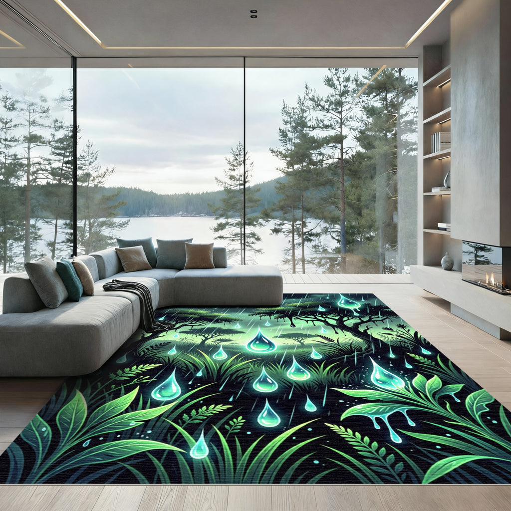 Luminous Glowing Raindrop Forest Landscape Rug