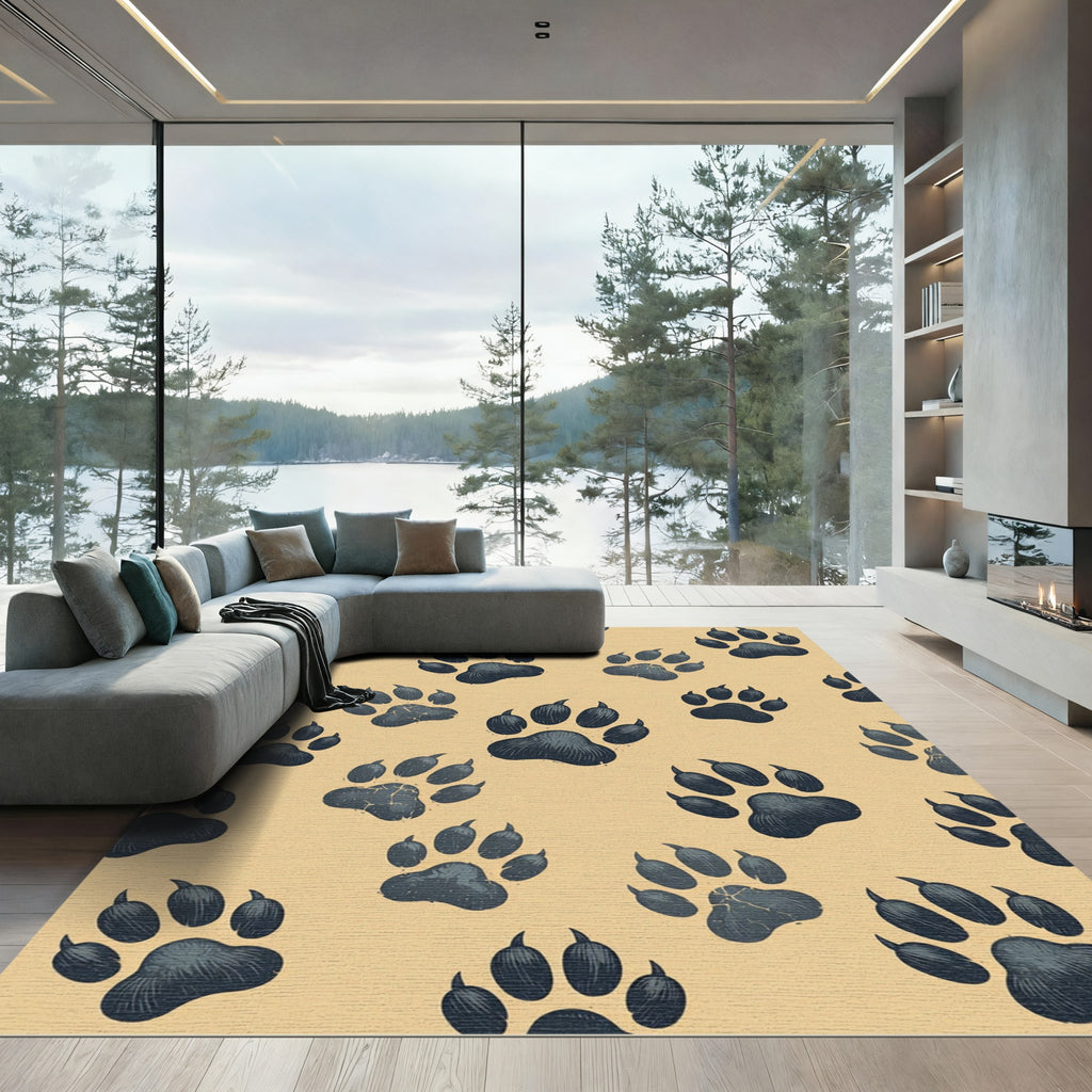 Charcoal Wolf Paw Track Beige Cover Rug