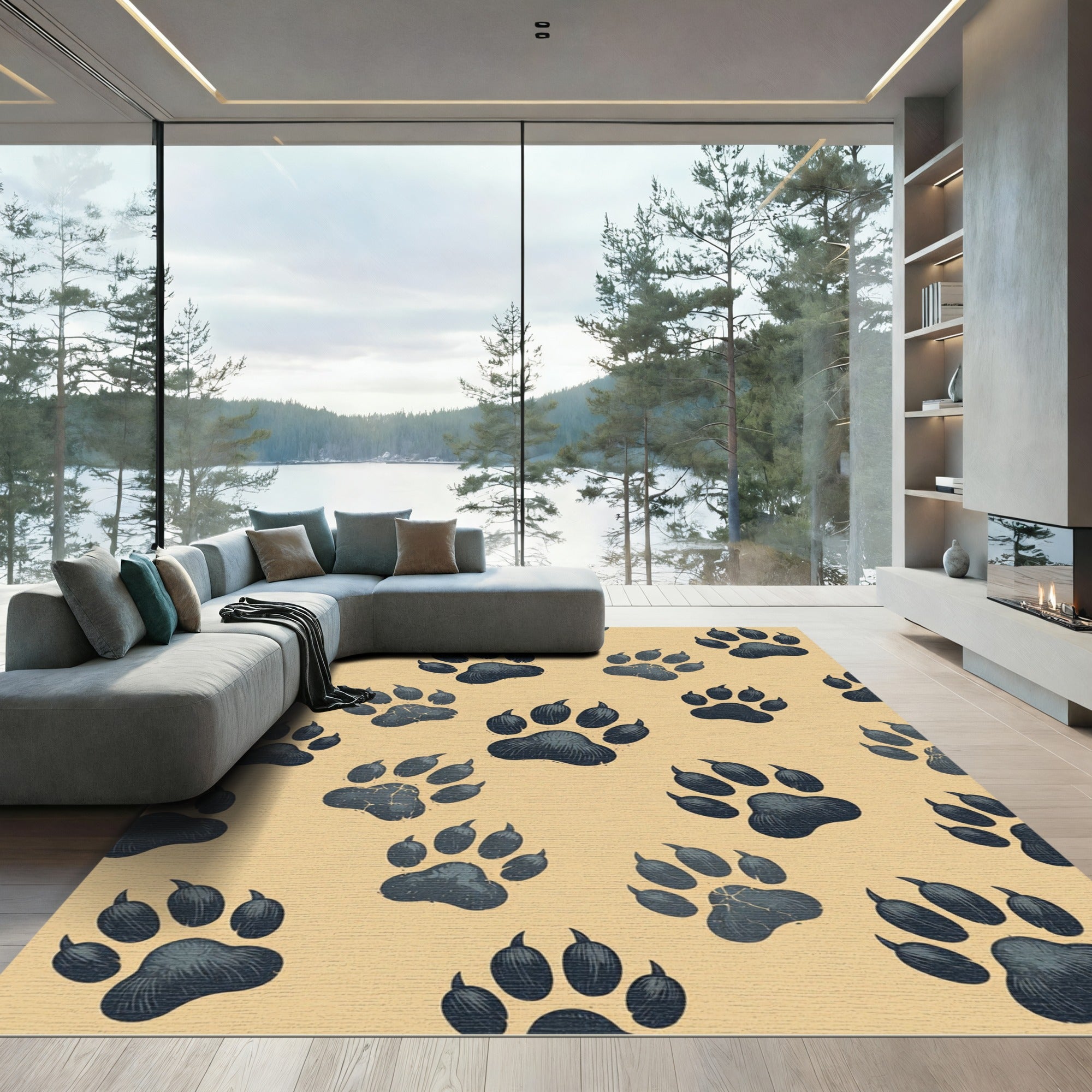 Charcoal Wolf Paw Track Beige Cover Rug