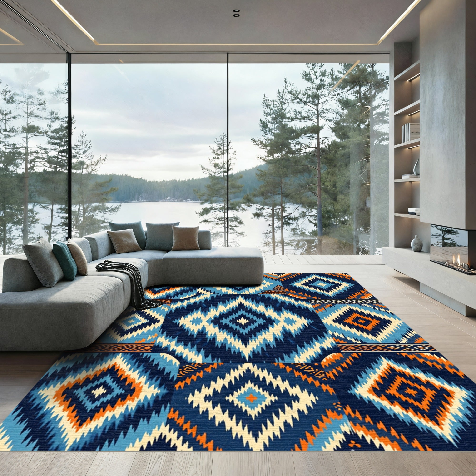 Geometric Indigo and Orange Diamond Tile Rug