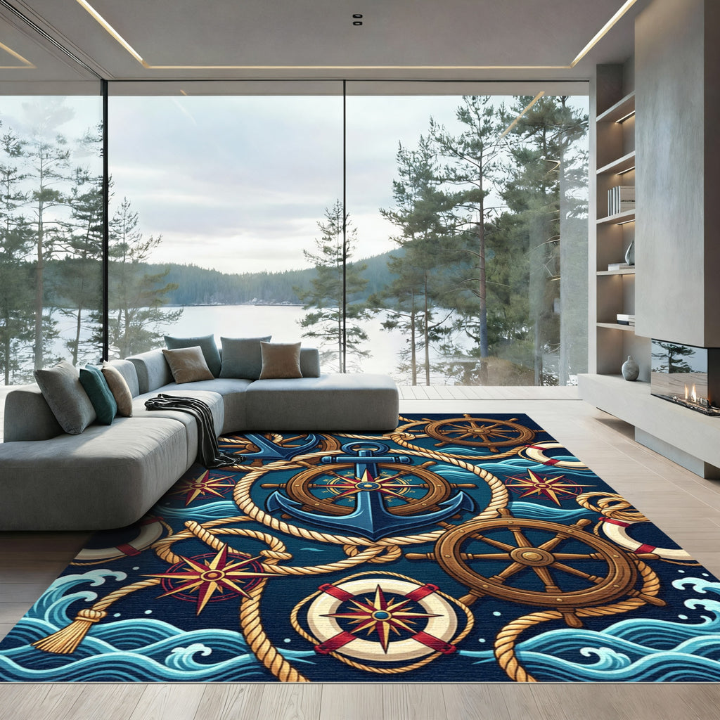 Nautical Navy Anchor Compass Steering Wheel Rug