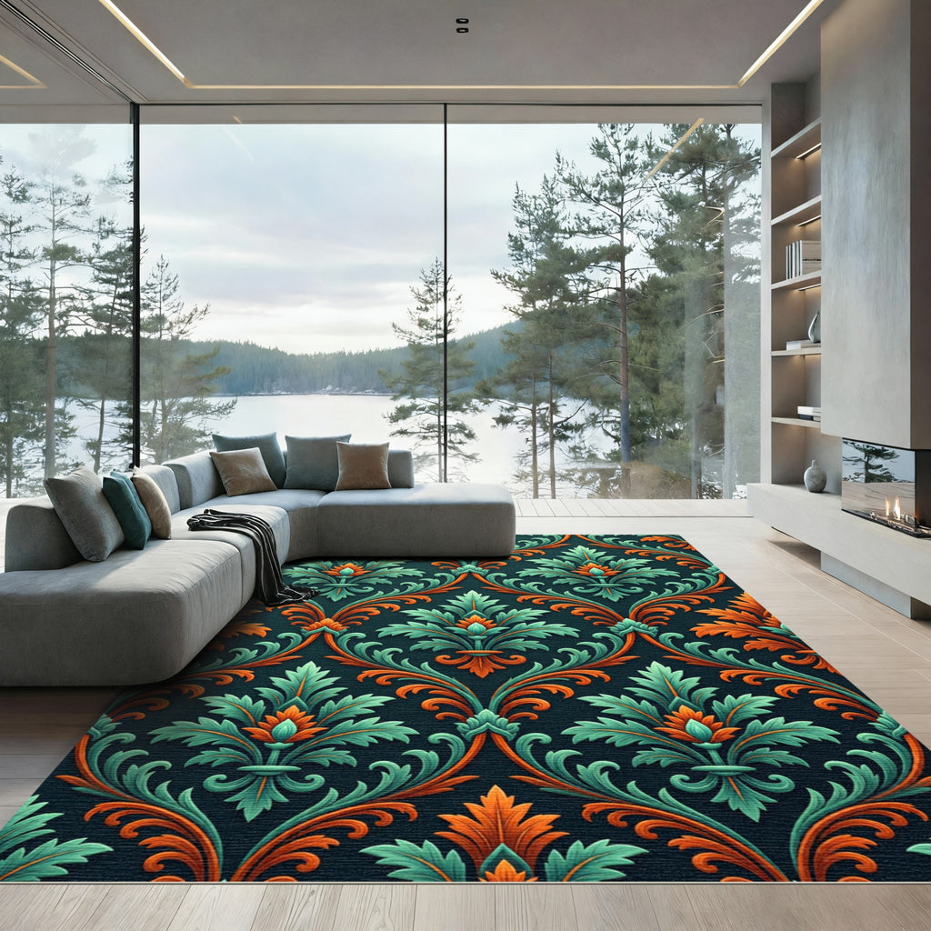 Teal and Orange Ornate Damask Scroll Rug