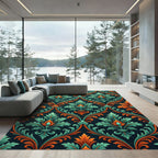 Teal and Orange Ornate Damask Scroll Rug