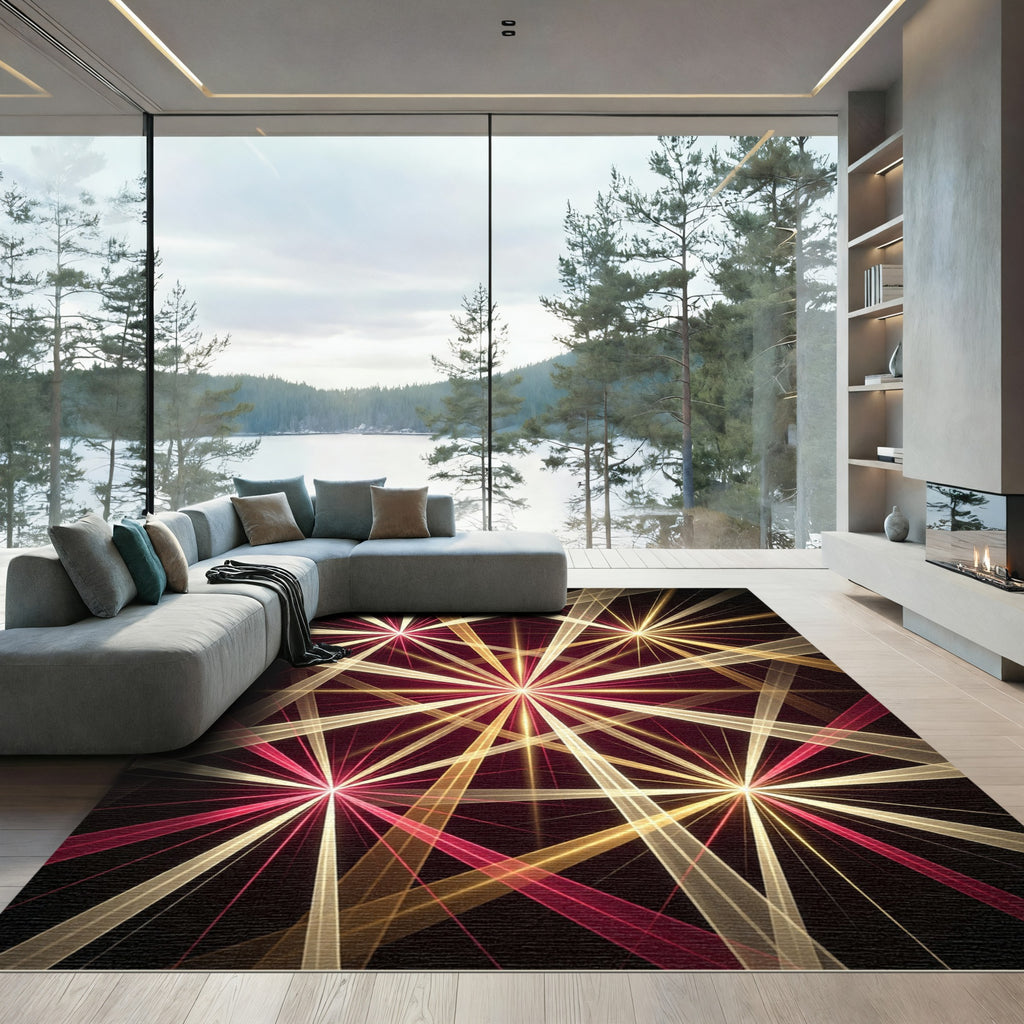 Radiant Gold Crimson Starburst Rug