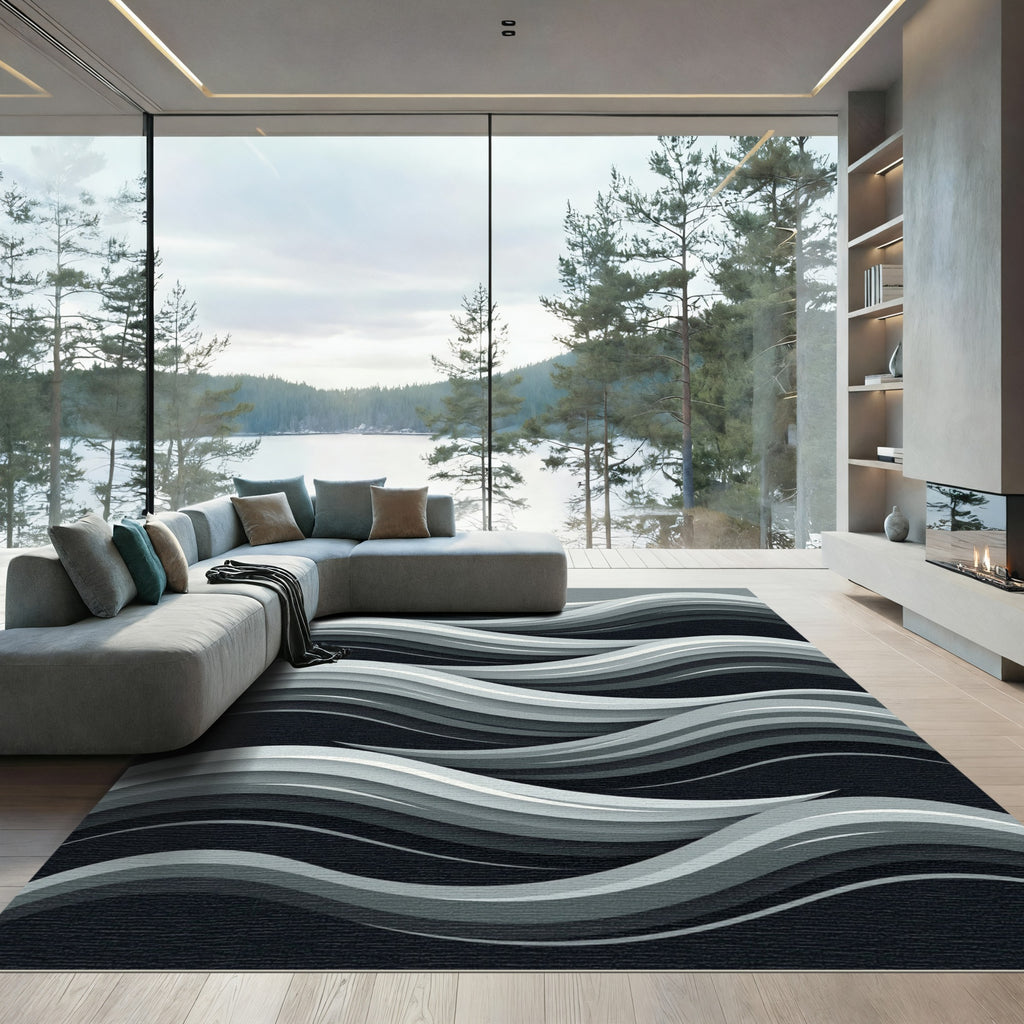 Modern Gray Layered Wave Composition Rug