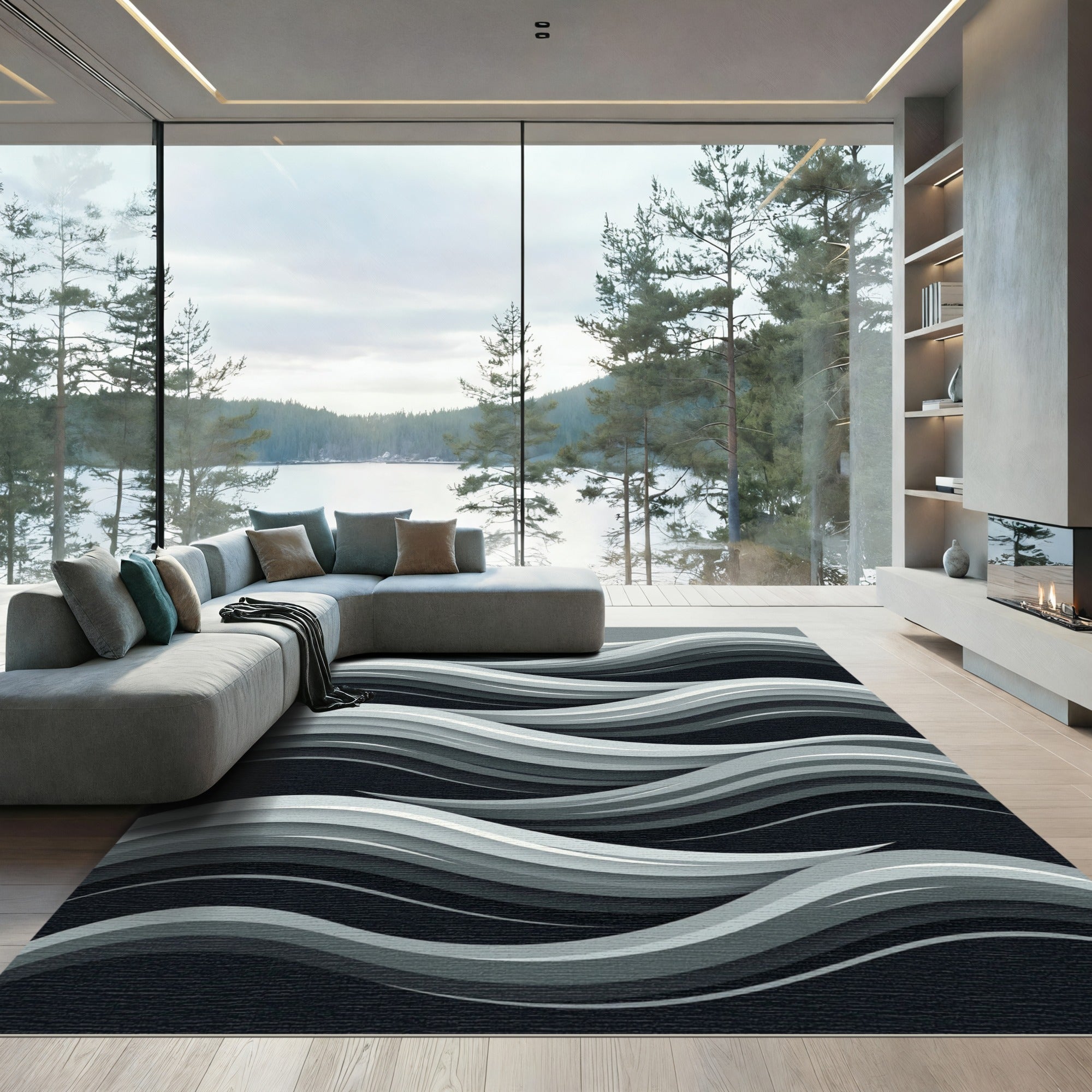 Modern Gray Layered Wave Composition Rug