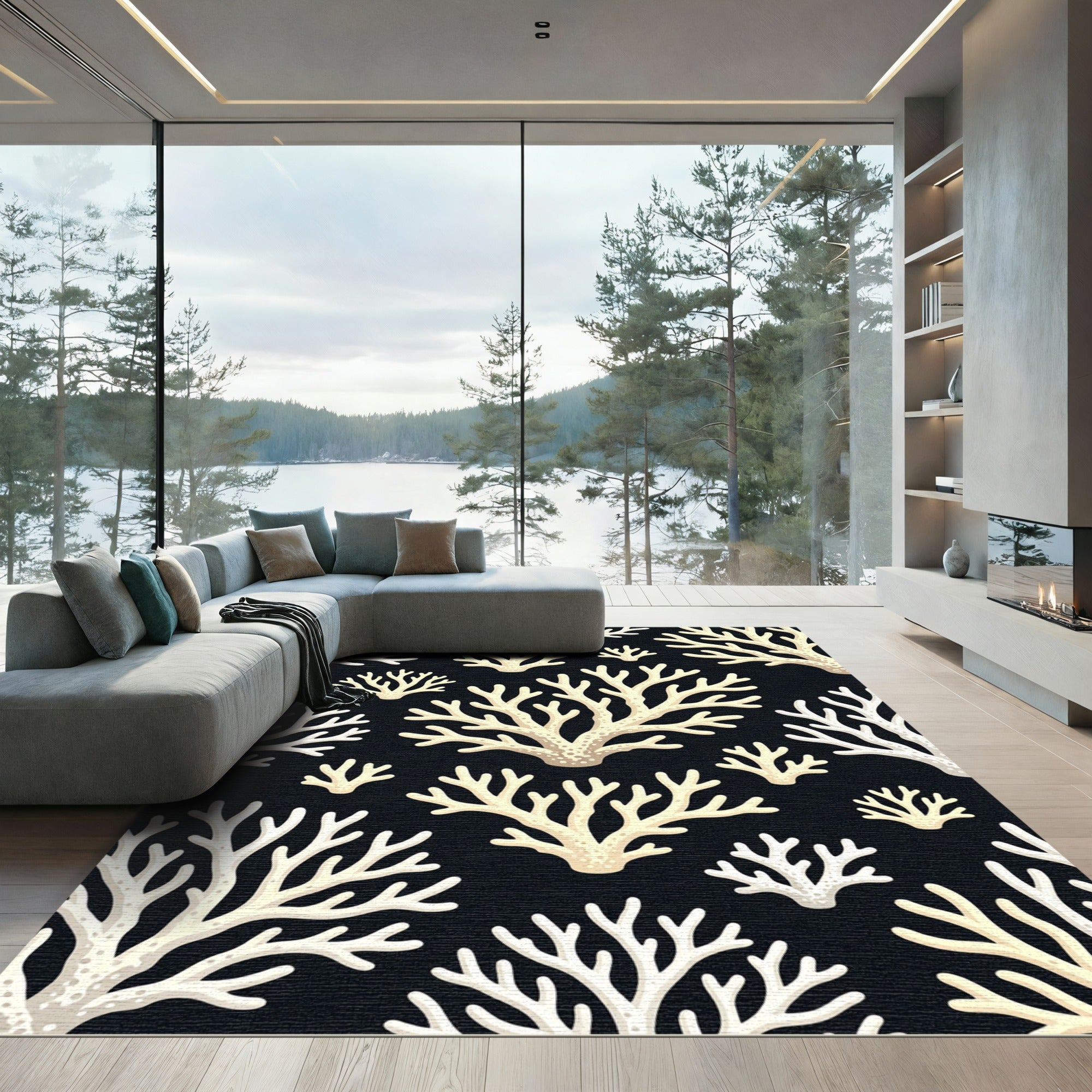 Pale Ivory Branch Coral Arrangement Rug