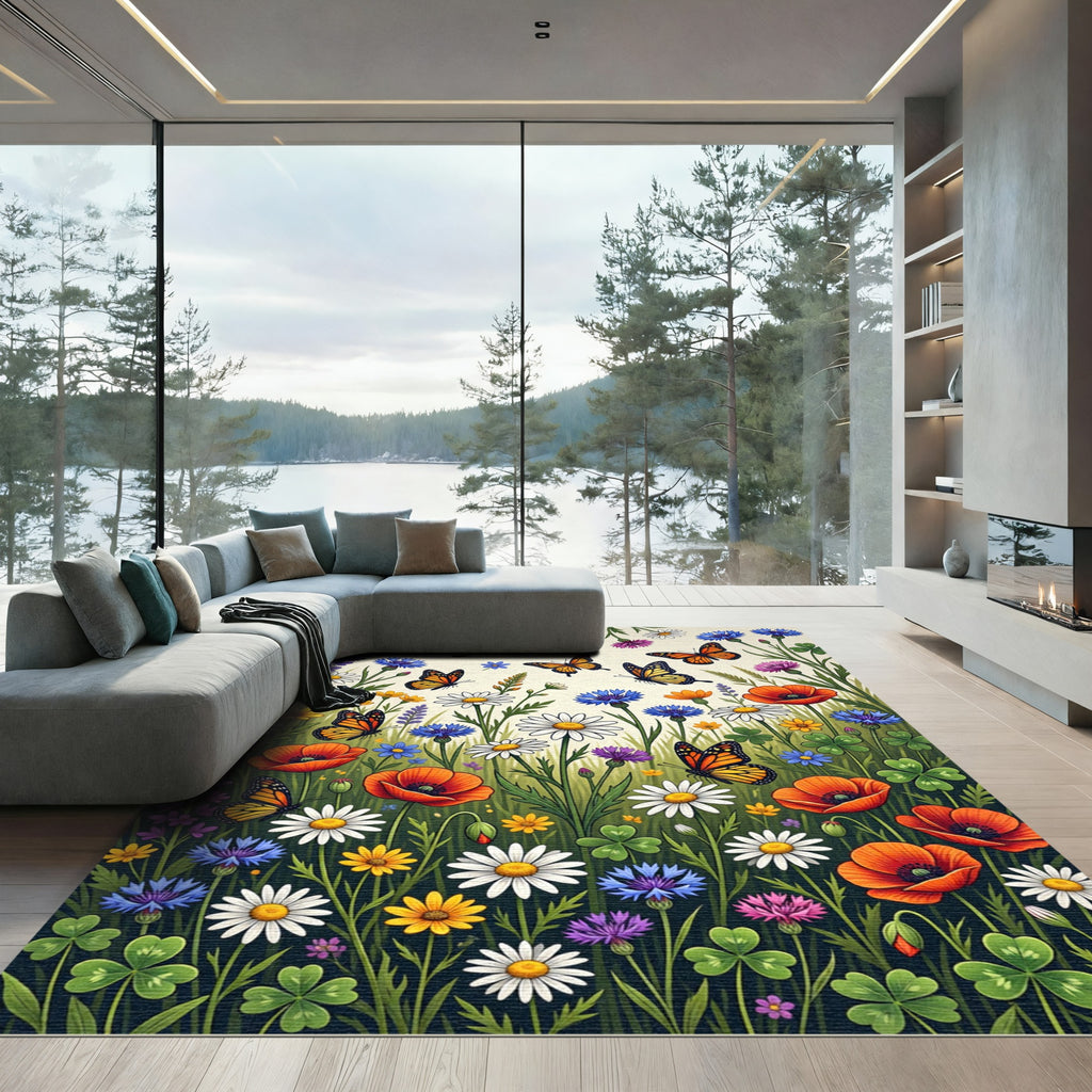 Whimsical Garden Meadow with Butterflies Rug