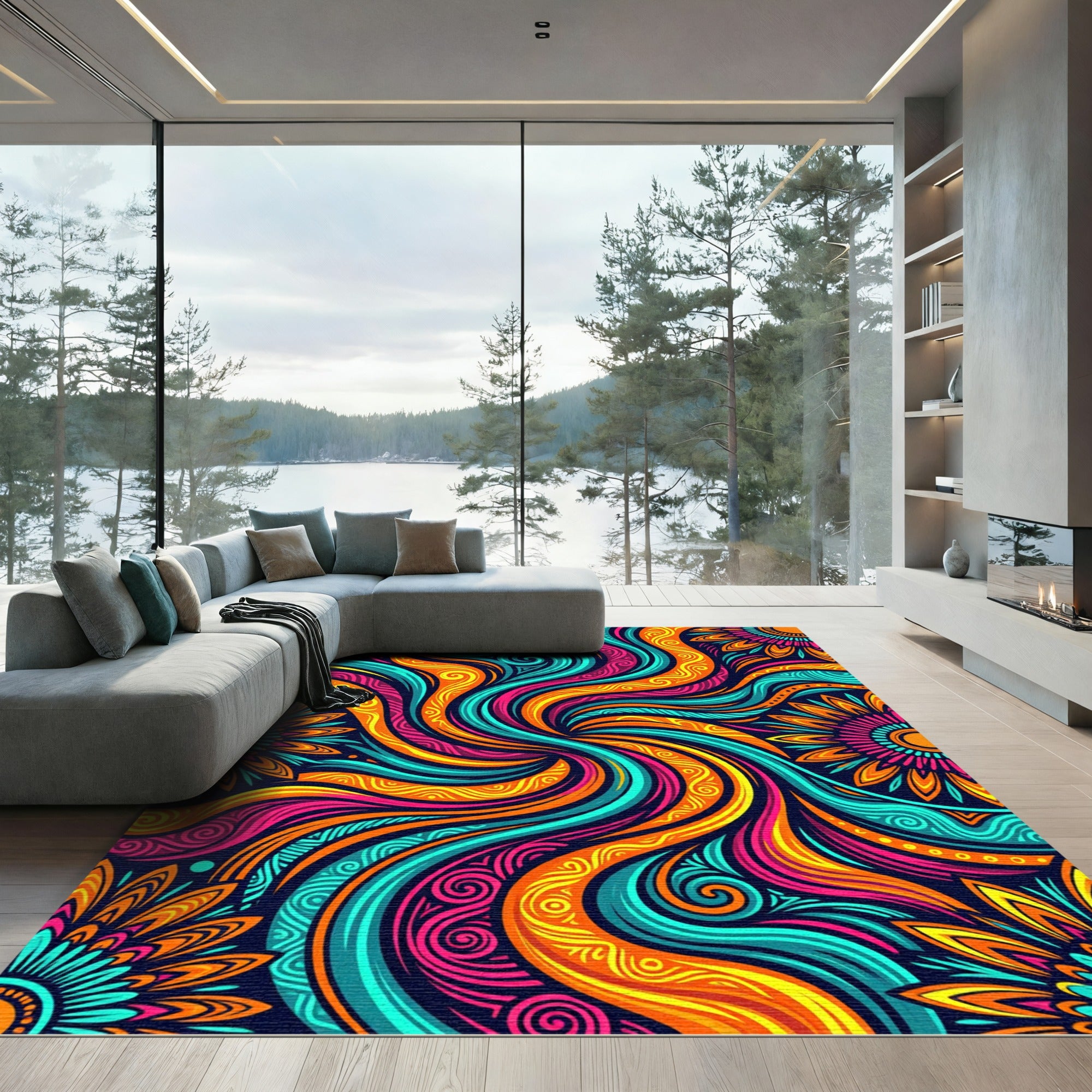 Vibrant Radiant Swirl Floral Art Rug