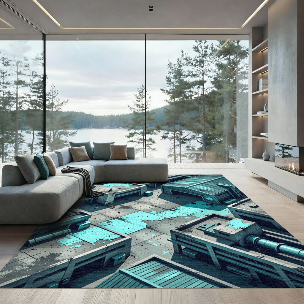 Industrial Aqua Splatter Geometric Landscape Rug