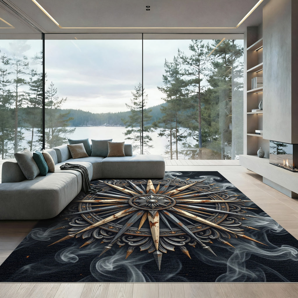 Distressed Silver Gold Compass Rose Medallion Rug