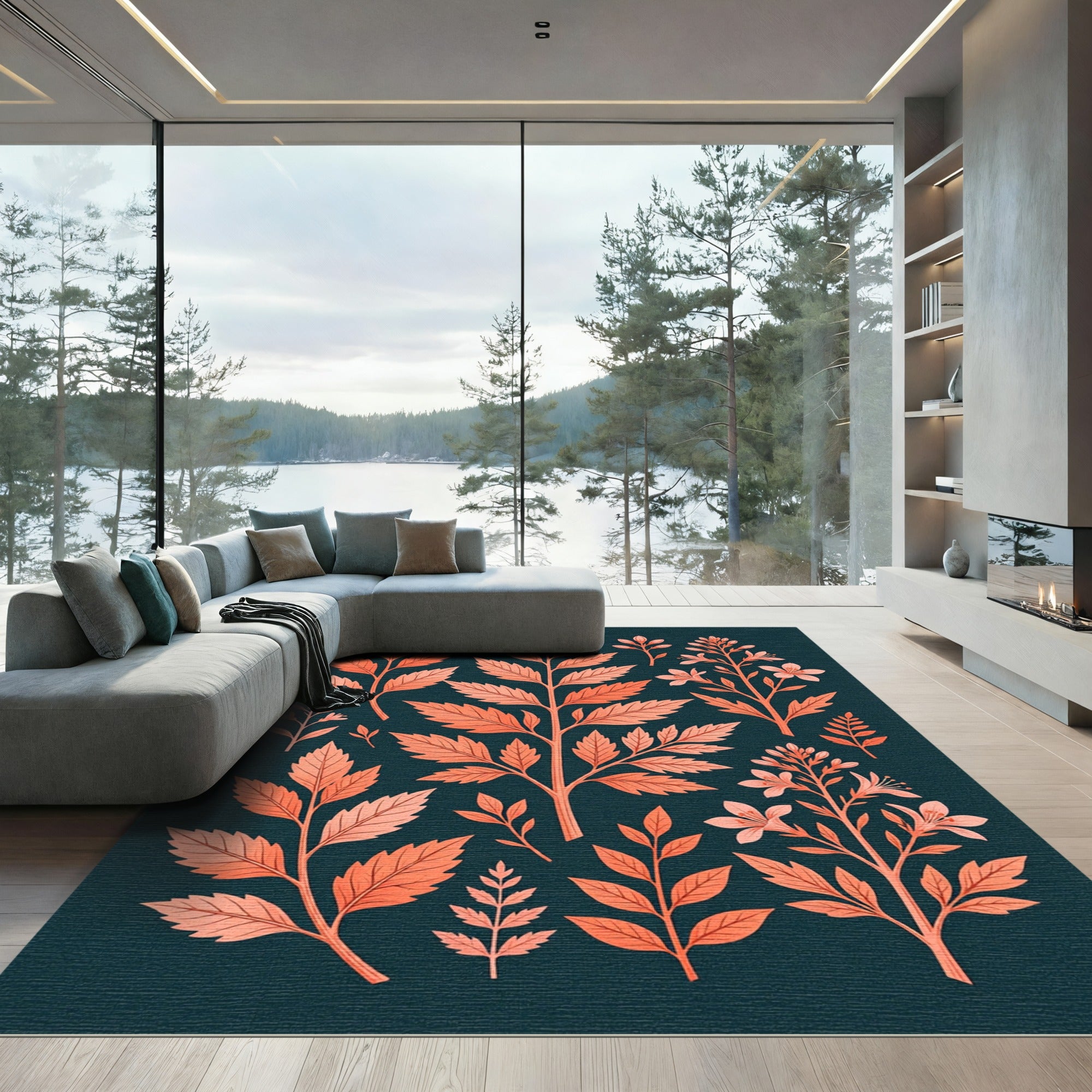 Coral Leaf Botanical Arrangement Rug