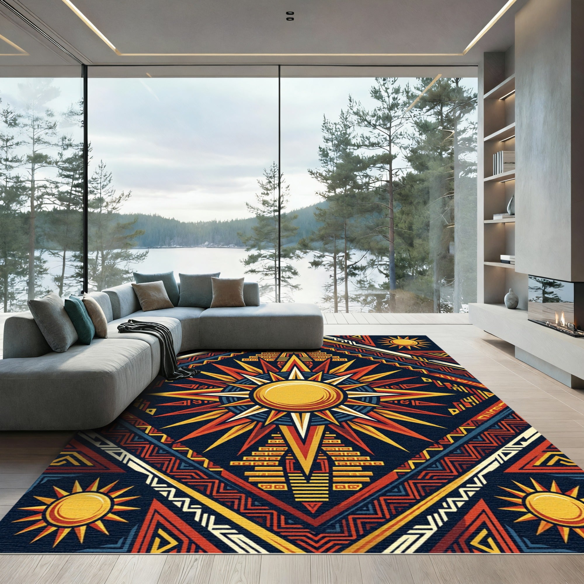 Celestial Aztec Sun Pyramid Medallion Rug
