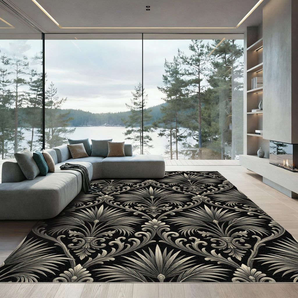 Elegant Charcoal Black Palm Damask Wallpaper Rug