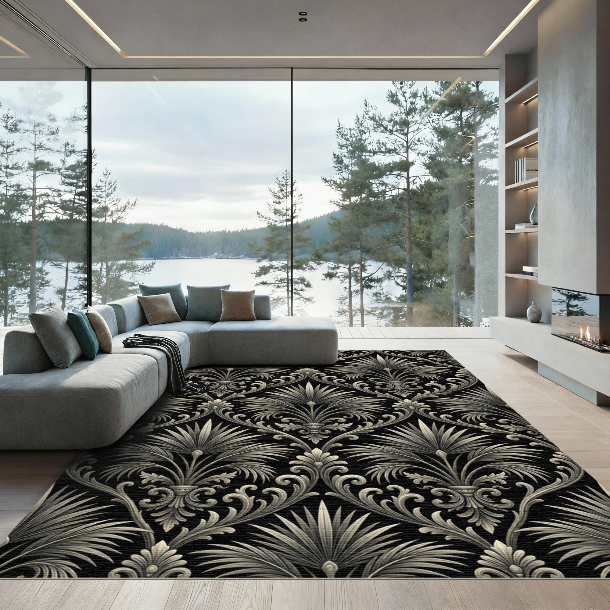 Elegant Charcoal Black Palm Damask Wallpaper Rug