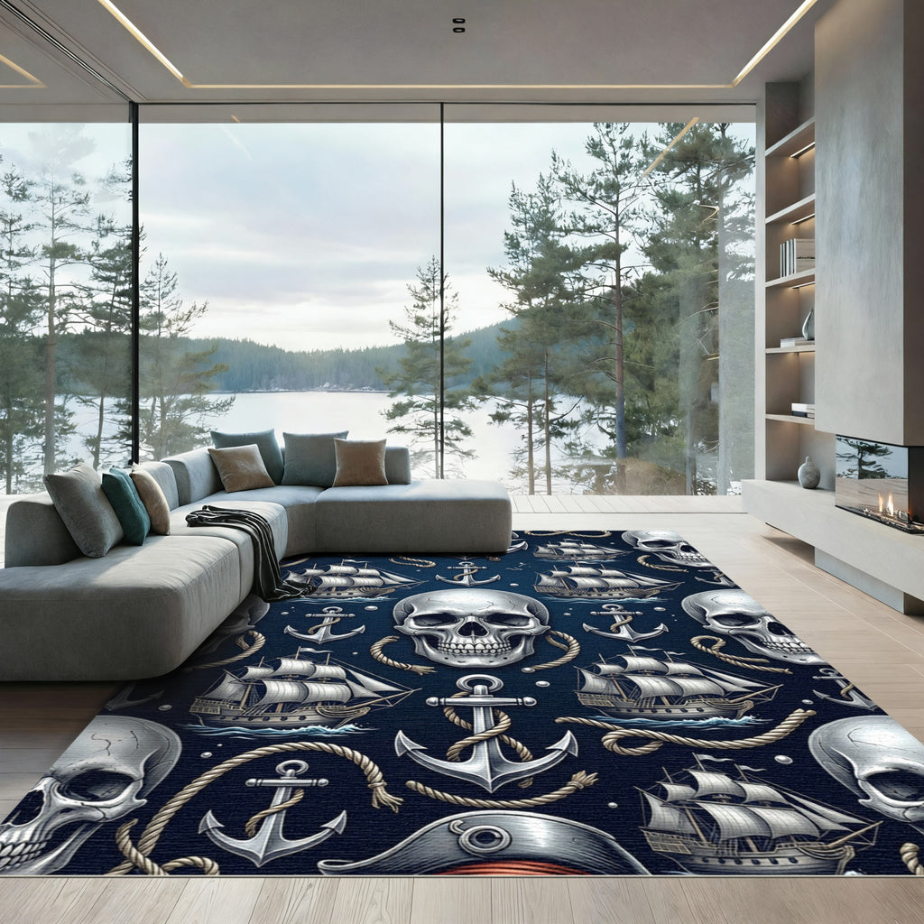 Dark Navy Nautical Skull Anchor Ship Rug