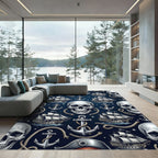 Dark Navy Nautical Skull Anchor Ship Rug