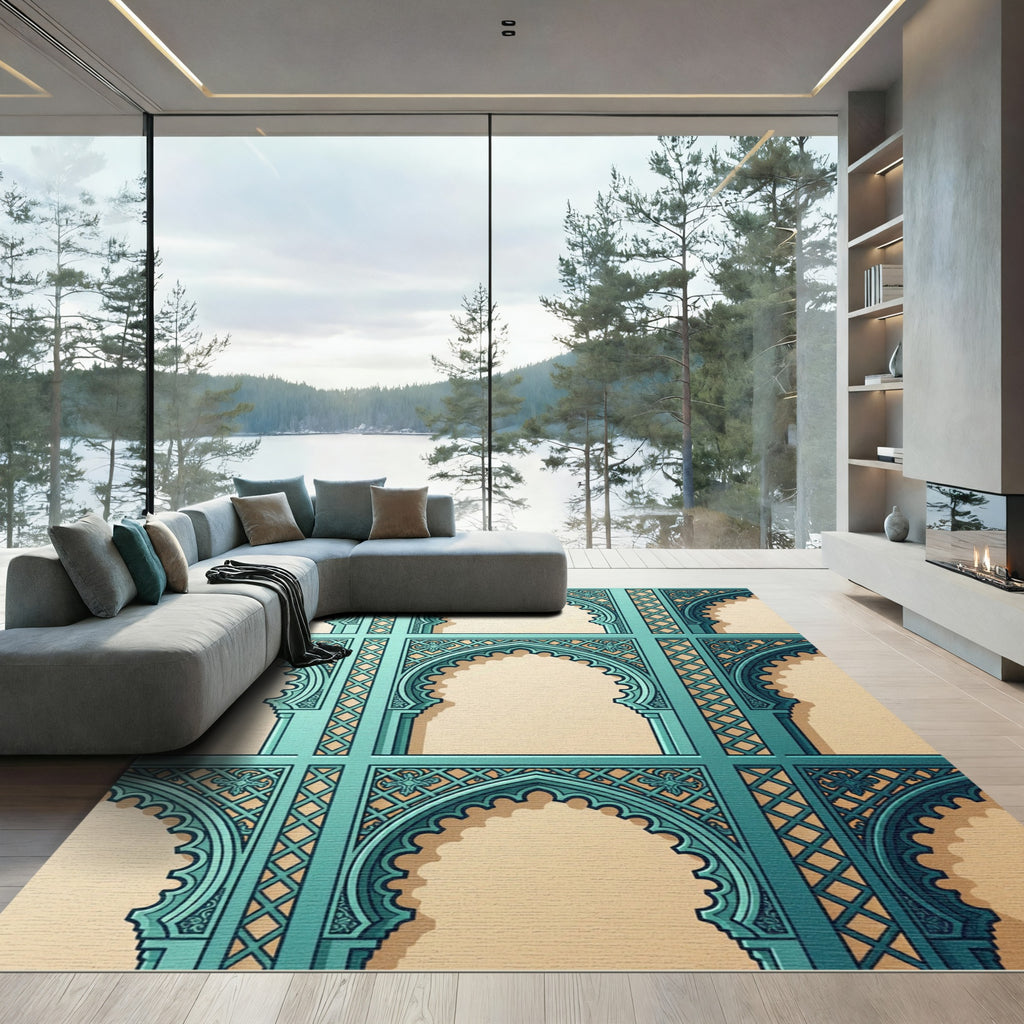 Teal Archway Geometric Lattice Grid Rug