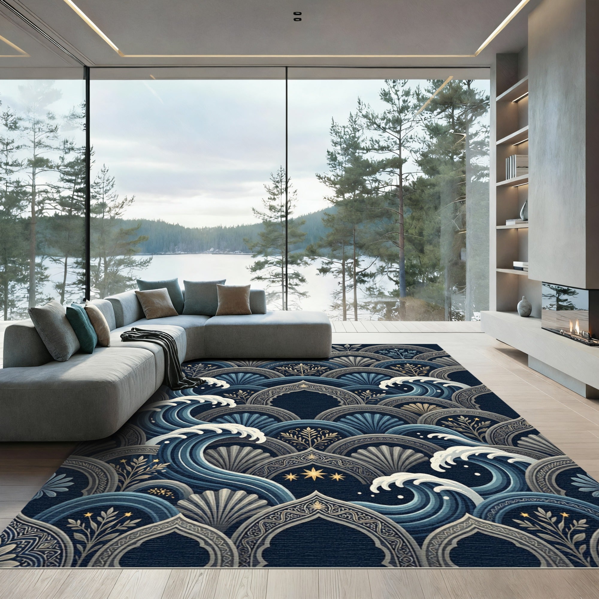 Indigo Wave Sea Shell Arched Accents Rug