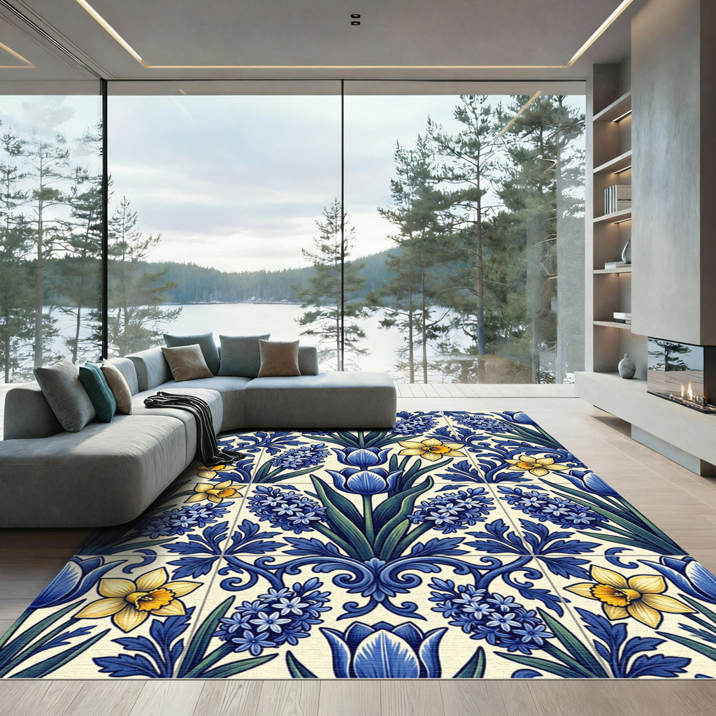 Blue and Yellow Floral Delft Tile Rug