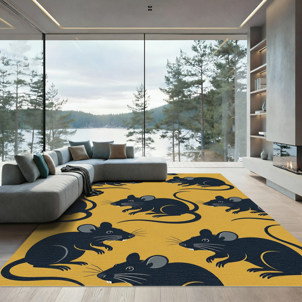 Whimsical Mustard Yellow Mouse Illustration Rug