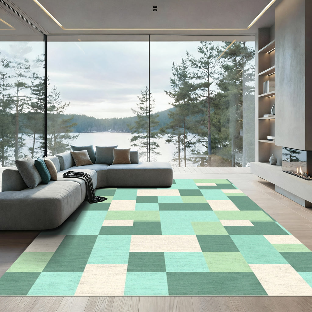 Minimalist Sage Green Geometric Blocked Rug