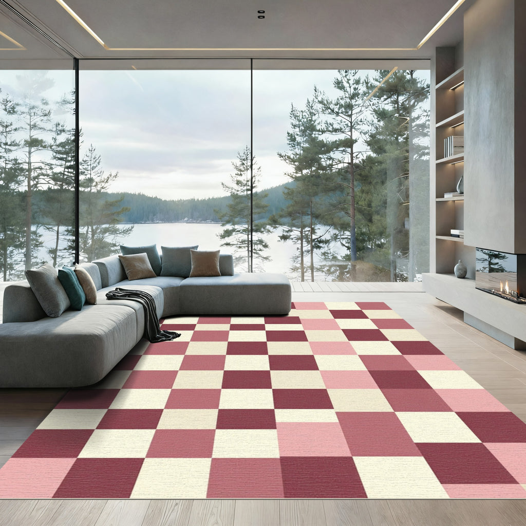 Modern Pink and Burgundy Checkered Grid Rug